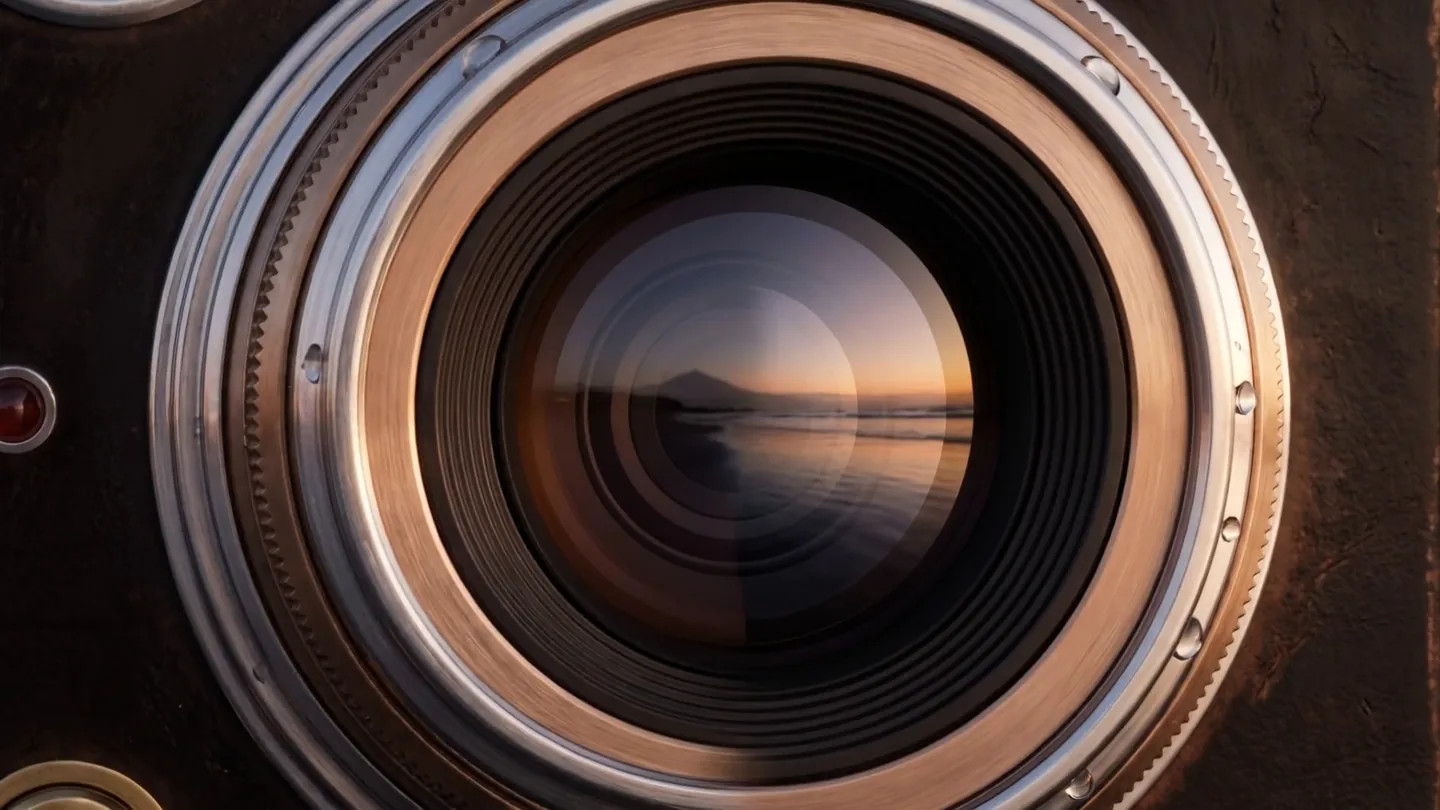 The lens of the moka pot camera on a black sand beach in Tenerife at dawn, with Mount Teide reflected in the glass.