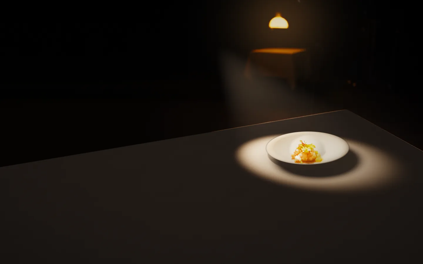 A plate under a warm light on a white tablecloth, in a dark room with a lamp at the back.