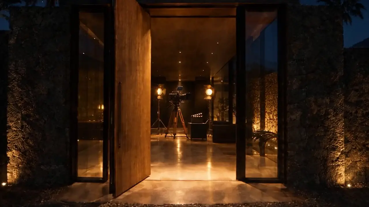At night, a black basalt studio with its door open: inside, a cinema camera on a tripod, two lit fresnels and a clapperboard.