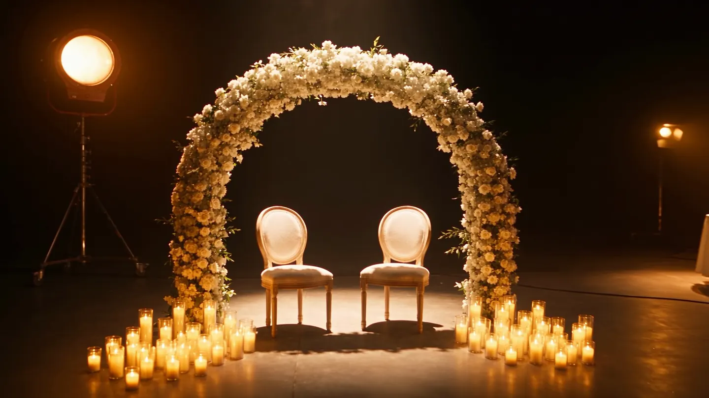 On the sound stage, an arch of white flowers with two chairs and a carpet of lit candles.