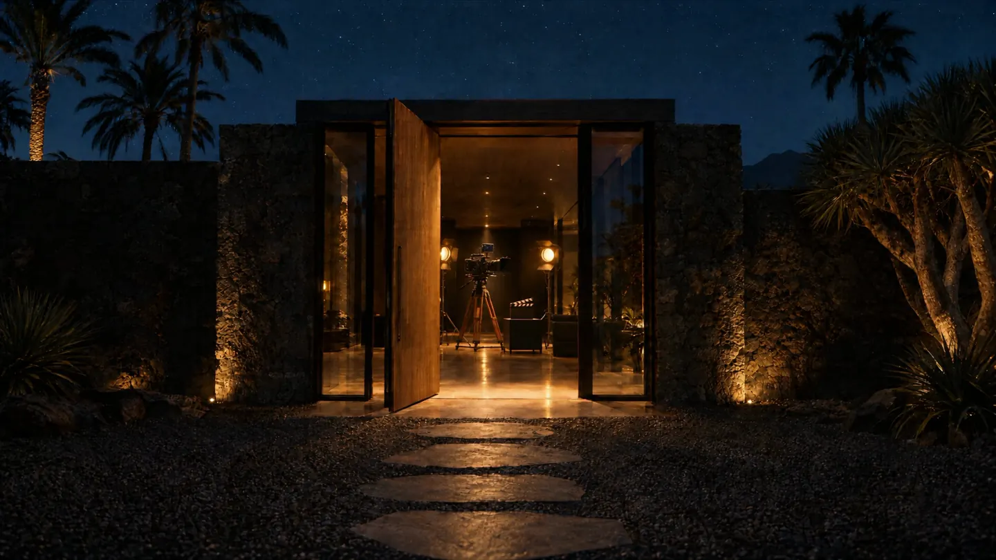 At night, a black basalt studio with its door open: inside, a cinema camera on a tripod, two lit fresnels and a clapperboard.