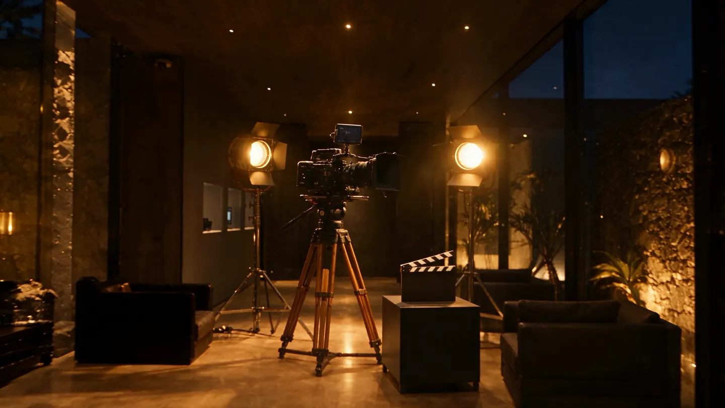 The cinema camera on its wooden tripod between two lit fresnels, with the clapperboard on a low table.