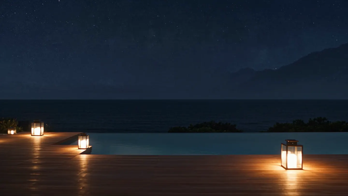 At night, the wooden terrace with lit lanterns and the infinity pool above the sea.