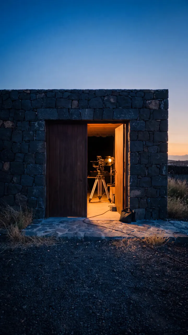At blue hour, the black basalt studio with its door open: inside, a cinema camera on a tripod lit by a fresnel.