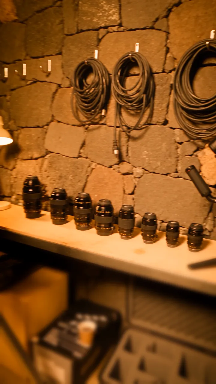The bench against the basalt wall: a row of cinema lenses, a gimbal and cables hanging on hooks.
