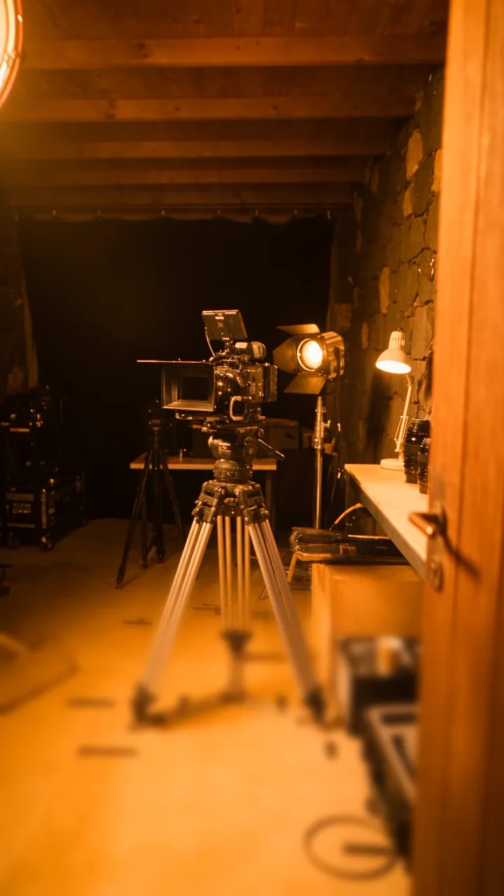 Inside the studio: the cinema camera on its tripod, a fresnel switched on, the clapperboard and a coffee on a case.