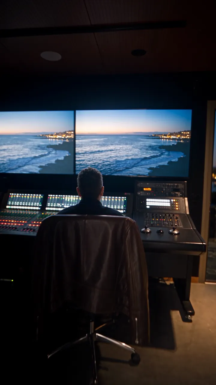 The grading suite: a colourist seen from behind at the panel, the sea at sunset on the big monitor.