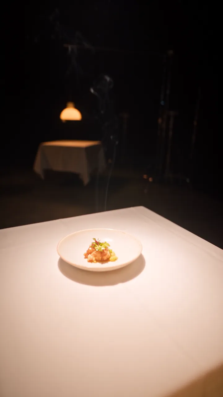 Close-up: the plated dish on the white tablecloth, under warm light.