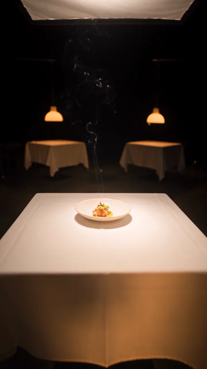 The restaurant set: a table with a white cloth and a steaming plate under a big soft light.