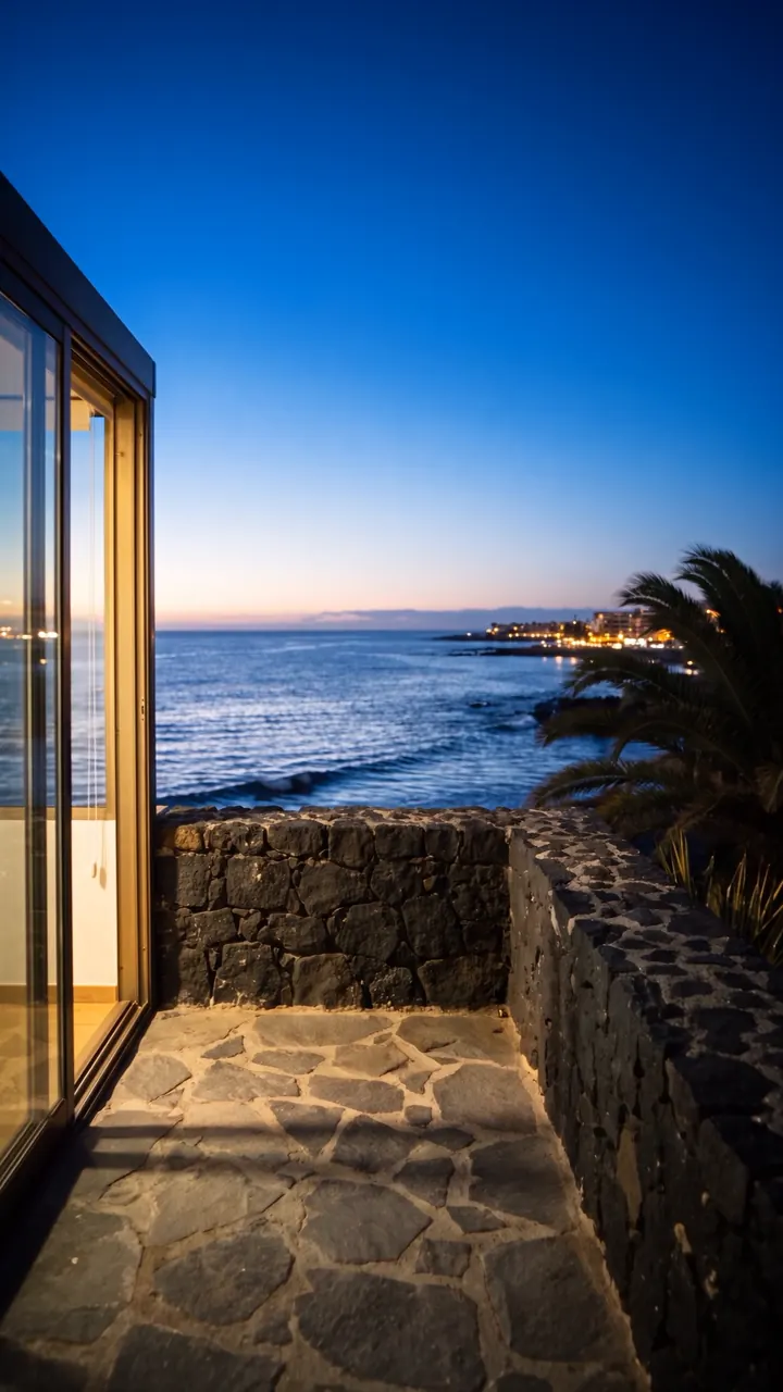 The terrace over the Atlantic at blue hour: the basalt parapet, the sea and the lights of the town on the headland.
